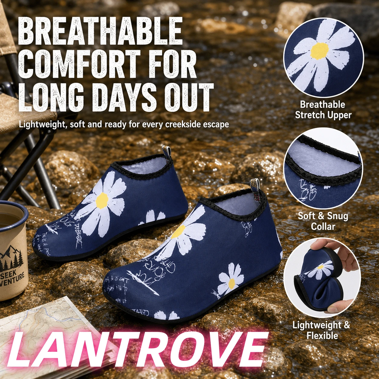 LANTROVE One-Piece Large Size Men's And Women's River Tracing Shoes For Vacation And Leisure Style, Beach Party, Suitable For Outdoor Sports, Rubber Non-Slip Sole, Breathable Quick-Drying Upper, Lightweight Wading Shoes - 藍色 - 查看 1