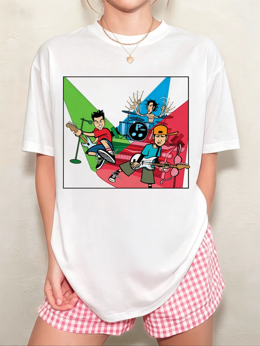 Unisex Blink-182 Cartoon Band T-Shirt In Green, Blue, And Red; Versatile, Neutral Style - White - View 1