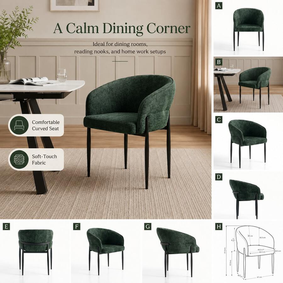 Modern Curved Fabric Dining Chair, Soft Backrest Casual Dining Chair, Metal Leg Kitchen Chair, Suitable For Living Room/Reading/ - Dark Green - View 1