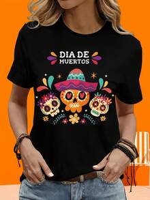 Women's 220g Black And White Two-Tone Short-Sleeve T-Shirt, Day Of The Dead Skull Design T-Shirt, Mexican Party, Halloween Costume For Women With Hat And Flower Design For Day Of The Dead Celebration, Outdoor Leisure Gift For Party, Sizes From S To XXXL. - 彩色 - 查看 1