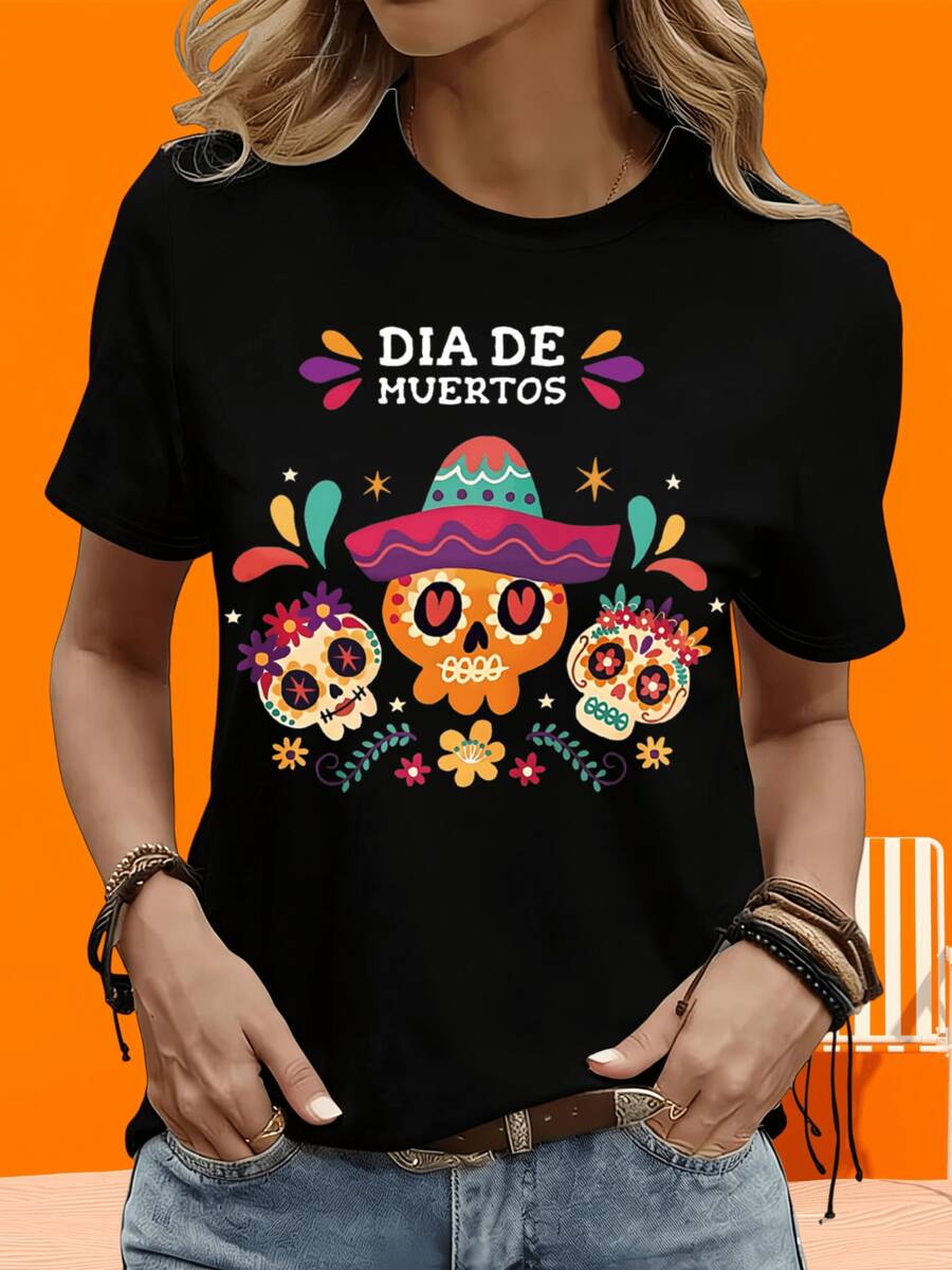 Women's 220g Black And White Two-Tone Short-Sleeve T-Shirt, Day Of The Dead Skull Design T-Shirt, Mexican Party, Halloween Costume For Women With Hat And Flower Design For Day Of The Dead Celebration, Outdoor Leisure Gift For Party, Sizes From S To XXXL. - 彩色 - 查看 1