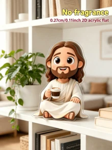 1pc 2D Acrylic Jesus Figurine, Car Air Vent Clip, Funny Jesus Holding Coffee Cup Design, Cute Cartoon Style, Flat Ornament, Suitable For Car Air Vent, Home Office Desk Decor, Car Interior Decoration Accessory, Autumn Decor - Multicolor - View 5