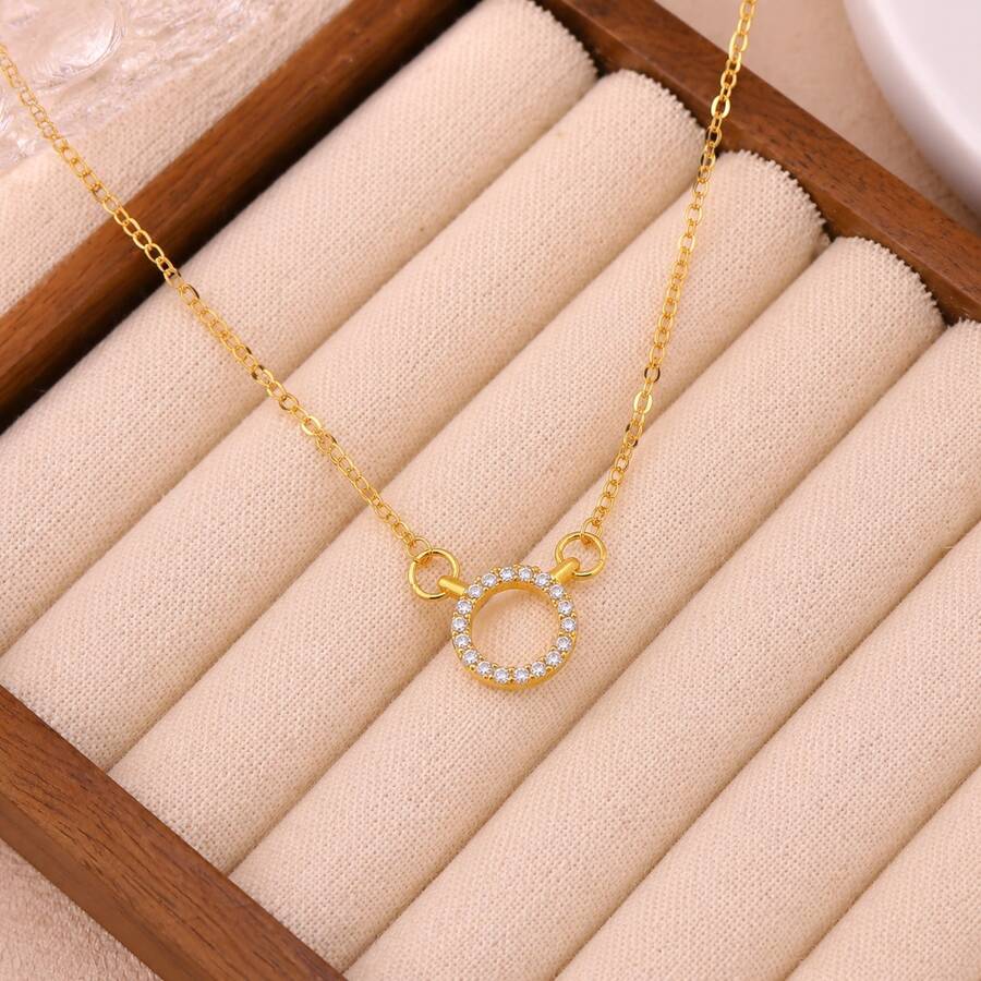 1 pieza Collar con colgante de aro de acero inoxidable chapado en oro de 18K con rhinestones, diseño minimalista adecuado para fiesta, cita, uso en la oficina - Multicolor - Ver 1