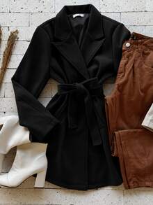 Women's Overcoat With Belt, Thick Boiled Wool, Winter, Long Sleeve - Negro - Ver 2