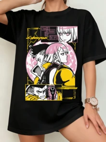 Black Unisex T-Shirt With David & Lucy Comic Panel Style - Cyberpunk Edgerunners Romance Design - 黑色 - 查看 9