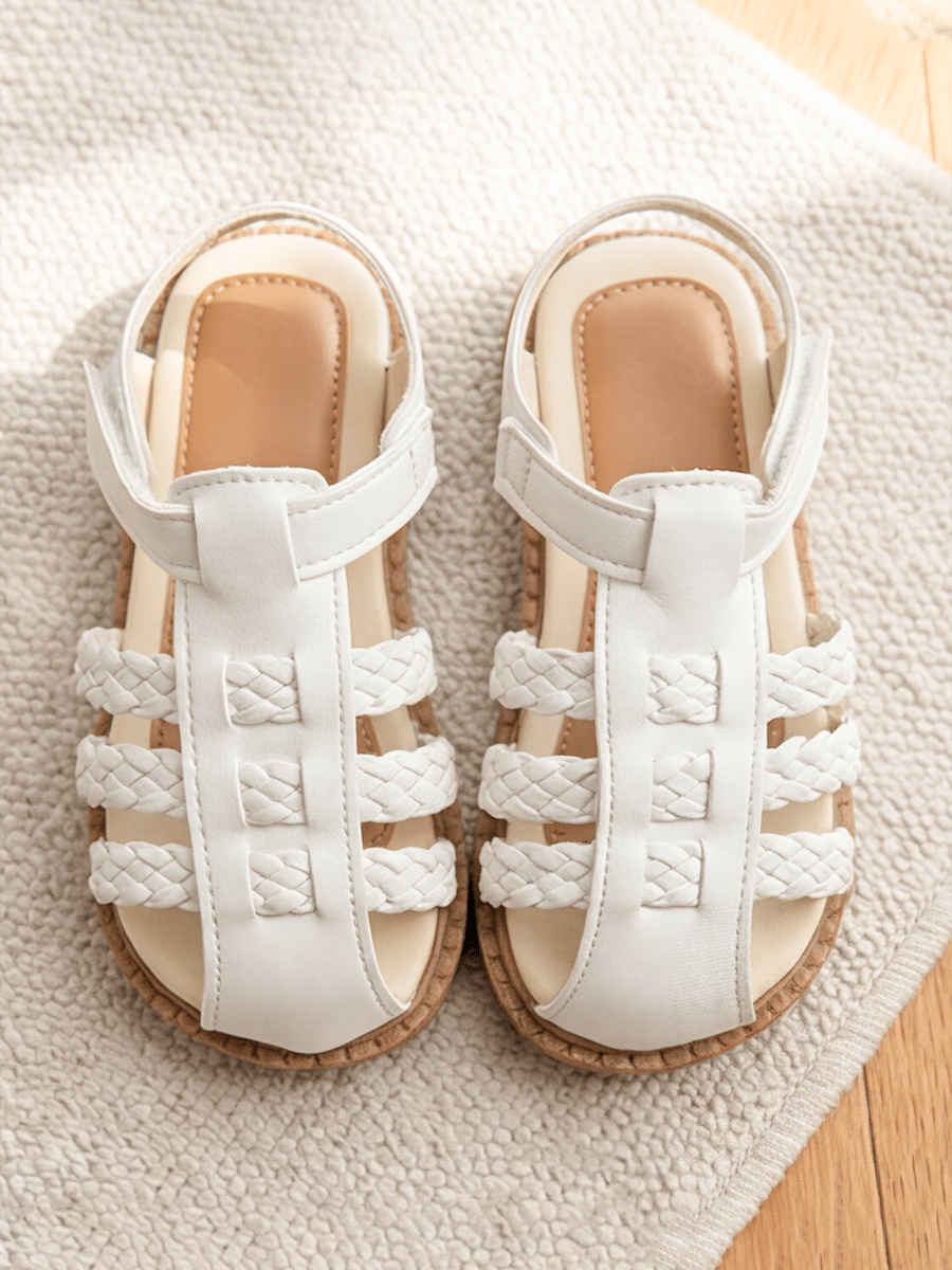 Hot-Selling 3-12 Years Old Children's White Roman Sandals, Baby White Woven Mesh Toe + Hook And Loop Heel, Light Brown Footbed + Light Brown Anti-Slip Rubber Thick Sole, Transparent Cute Casual Style, Suitable For Daily School, Community Walks, Short Trips, Beach Vacations, Family Gatherings, Versatile And Easy To Wear