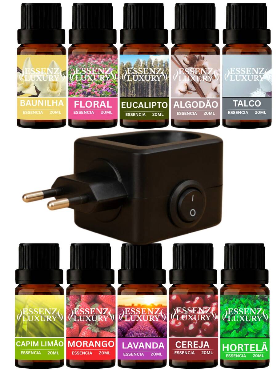 Kit Of 10/5 Water-Soluble Essences + 1 Bivolt Electric Diffuser With Plug-In, PBT, On/Off Button, Black Or White - 黑色電動擴散器 - 查看 1