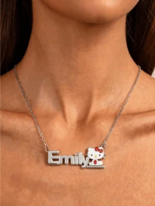 Miniso Collier pendentif Hello chat Emily 1 pièce, ton argent, ajustable, léger et confortable, pour femmes, cadeau d'anniversaire quotidien - style1 - Voir 4