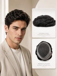 8*10 Style Lace Base Men Toupee, 6 Inch 100% Real Human Hair Replacement System, Natural Hairline Breathable Lace Front Hair Piece, 7 Colors S1-S7 Available, Lightweight Undetectable Soft Durable Hair System For Thinning Hair & Bald Spot Coverage - Natural Black - View 2