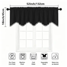 1/2/3/4 pièces, rideaux de fenêtre en polyester de style luxe européen à haute précision, bord inférieur en vague en forme de S, décoration de franges à pompons, doux et lisse, décoration d'intimité, lavable, conception de poche pour tringle, convient pour la décoration de fenêtre du salon, de la chambre, de la cuisine - Noir - Voir 2
