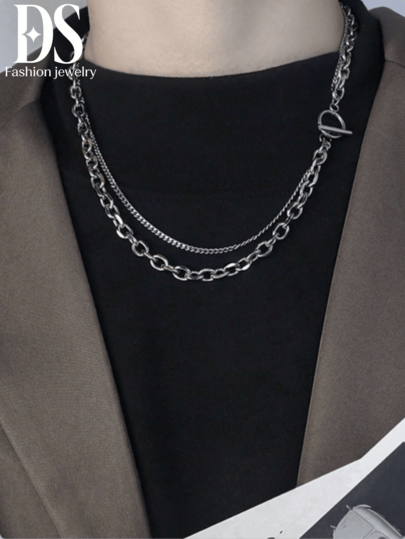 1pc Couple Minimalist Double Layer Hip-Hop Men's Necklace, Vacation Casual Jewelry Accessory