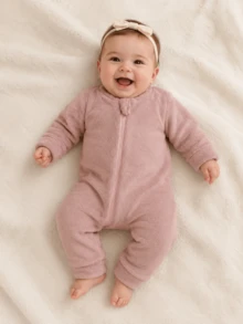 Children's Fleece Jumpsuit In Warm Pink With Front Zipper Opening - 乾枯玫瑰色 - 查看 7