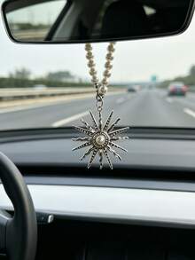 Baroque Style Pearl Sunflower Car Hanging Ornament, Alloy Sun God Pendant Rearview Mirror Decor, Car Interior Accessory - A - View 3