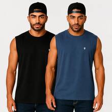 Kit Of 2 Men's Oversized Streetwear Training Tank Tops, 100% Premium Cotton - 黑色/海軍藍 - 查看 1