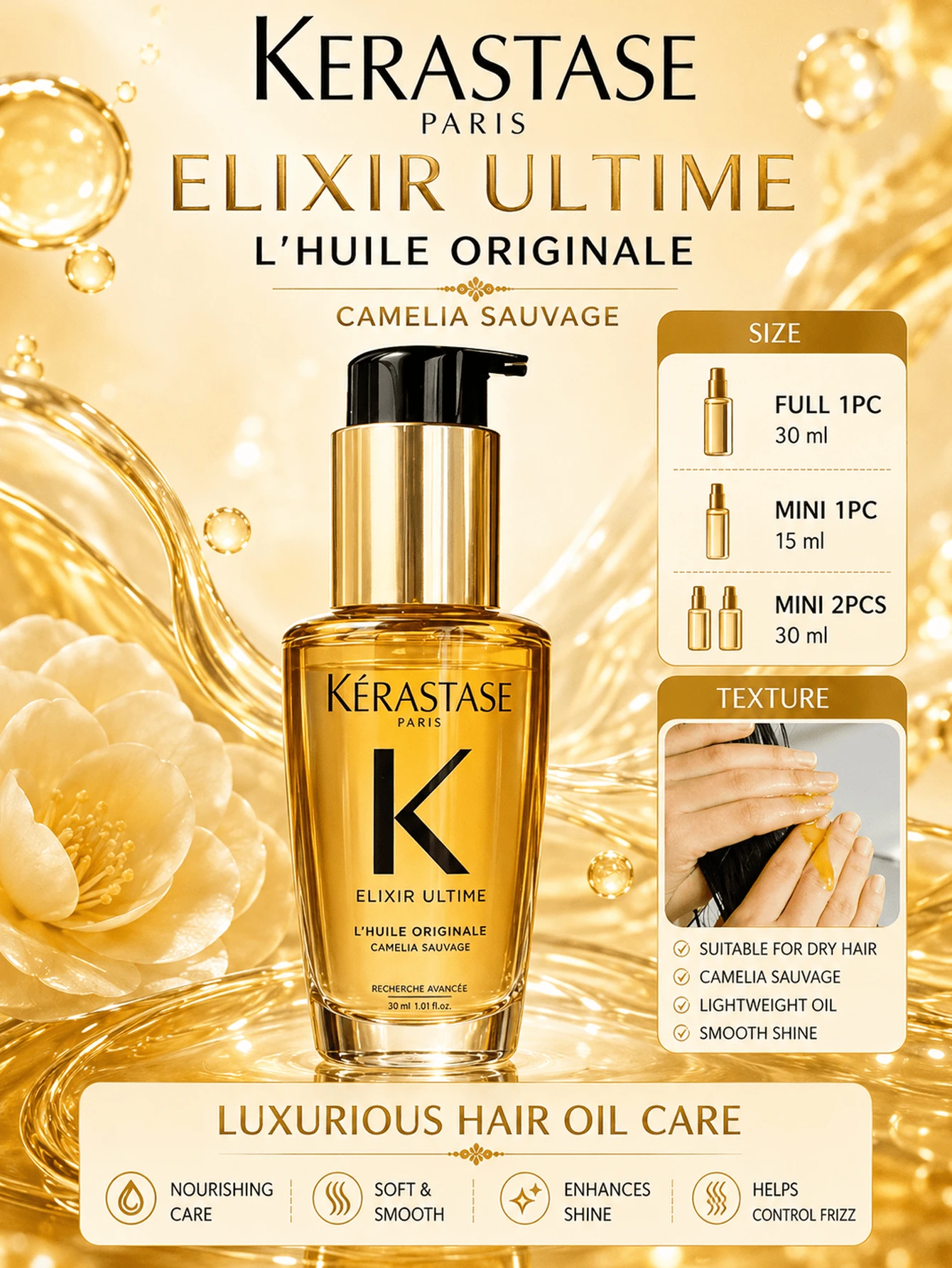 Dầu dưỡng tóc đa năng KÉRASTASE Elixir Ultime L'Huile Originale 30ml (dung tích lớn) + 15ml mẫu thử, bảo vệ tóc khỏi nhiệt, kiểm soát tóc xơ rối, tăng độ bóng, nuôi dưỡng tóc, chứa chiết xuất hoa trà dại, hoa nhài và nhựa thơm, công thức nhẹ nhàng phù hợp với mọi loại tóc, hương thơm tóc hàng ngày, món quà lý tưởng cho cả nam và nữ, sử dụng hàng ngày.