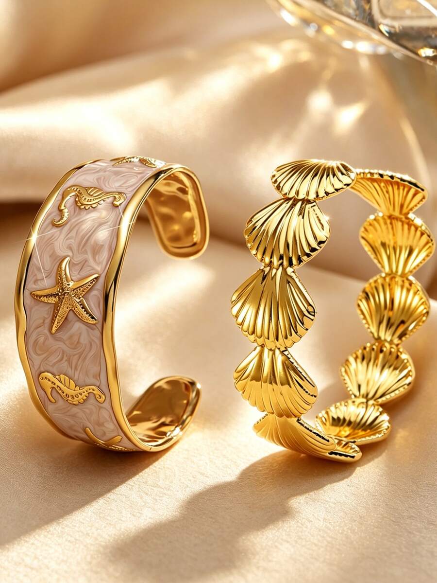 VceTd 1/2PCS Ocean Vacation Style Stainless Steel Women's Bracelet With Starfish/Shell Design, Suitable For Women's Daily Wear, Holiday Outings, Music Festivals, Holiday Parties, Ocean Vacations, Or As A Gift For Lovers Or Women - Yellow Gold - View 1