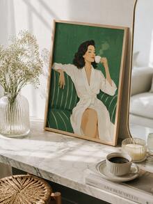 1 Peça Arte de Parede Plana 2D, Pôster Retrô, Impressão de Figura Abstrata, Pintura em Tela de Mulher Listrada com Café, Adequado para Decoração de Sala de Estar e Quarto, Presente de Inauguração da Casa, Sem Moldura - Personagem C - Visão 3