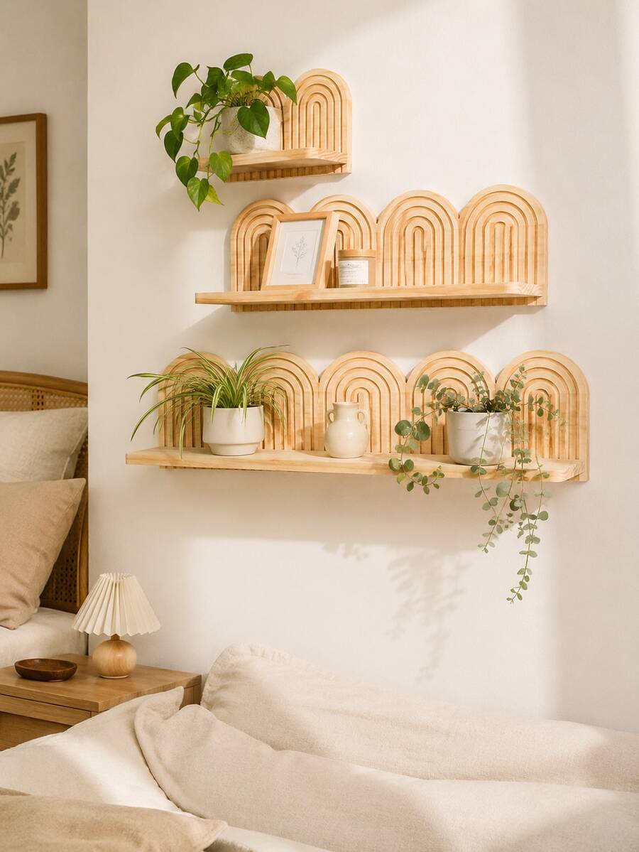 1pc Bohemian Arch Wall Mounted Storage Rack, Wooden Arch Wall Hanging Storage Rack, Suitable For Room, Bedroom, Bathroom, Porch, Living Room Wall Home Decor, Rainbow Pattern Wall Mounted Shelves, Perfectly Fits Bohemian Interior Design And Wall Art Decoration