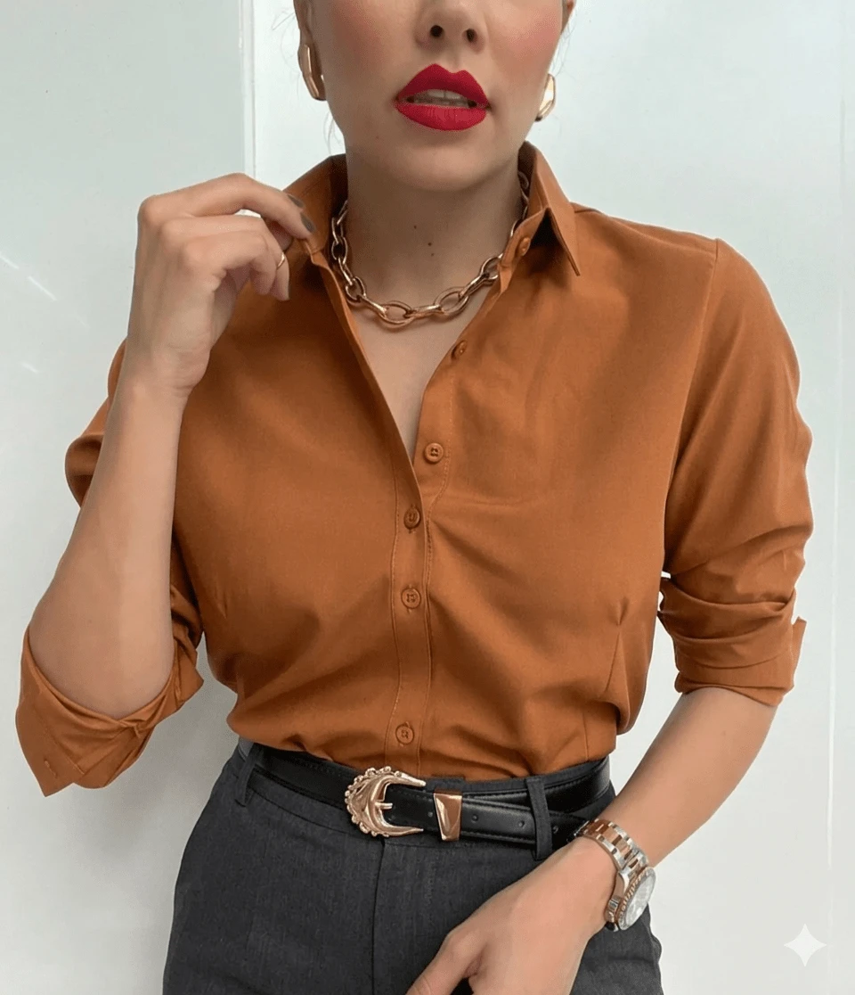 Women's Dress Shirt - 焦糖單色 - 查看 1