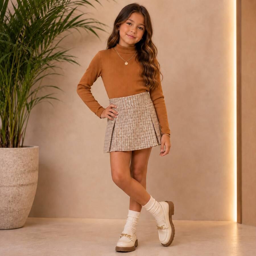 Girls' Teen Outfit Set, Sizes 4 To 16 Years | Ribbed Blouse + Tweed Skirt Shorts | Clothing For Teenage Girls - 果仁糖 - 查看 1