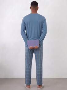 Snug League 男士休闲宽松纯色圆领套头睡衣套装，浅色简约家居服长袖上衣和裤子，情人节和新年礼物，秋冬服装 - 水鴨藍 - 查看 3