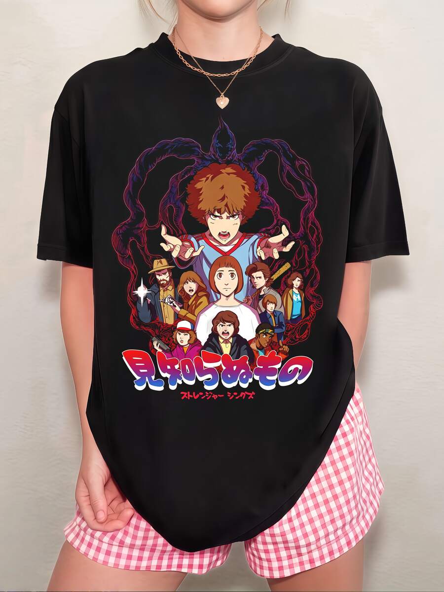 Unisex Stranger Style Japanese Anime T-Shirt, Retro Relaxed Fit. - Hitam - View 1