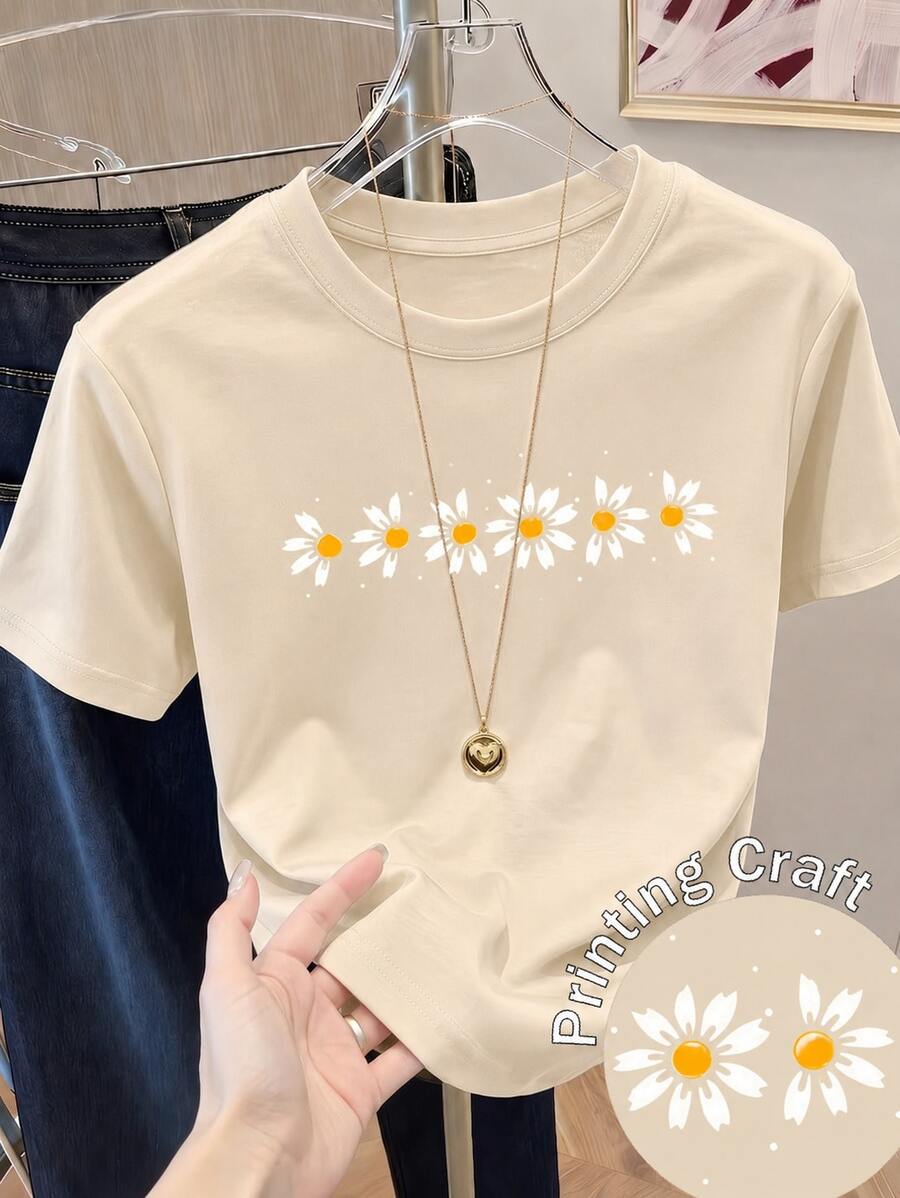 Women's Short Sleeve Printed T-Shirt, Spring Clothes, Holiday Outfit, Black Summer Beach Look, Vacation Style, Country Style, Office Outfit For Women - 杏色 - 查看 1