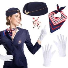 5件組趣味節日空服員帽子、圍巾、飛機胸針、手套，復古系列空服員服裝配件，優雅空服員套裝，適合聖誕派對、萬聖節派對 - 彩色 - 查看 1
