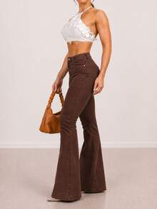 Beige Flare Pants, Bell-Bottom Style, Brown Flare Pants With Lycra, High Waist, Women's, Butt-Lifting, Comfortable, Versatile, Casual, Elegant, Country Style. - 鏽棕色 - 查看 1