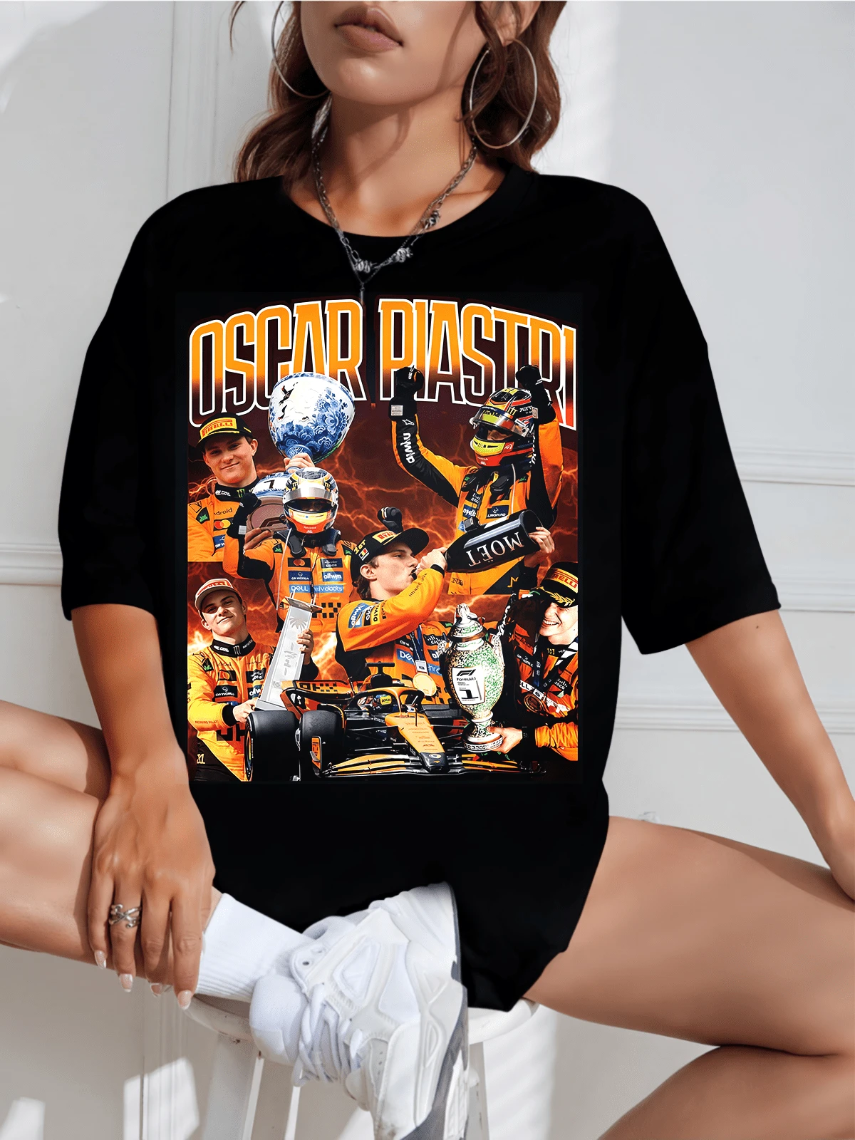 Vintage Oscar Piastri F1 T-Shirt _ Formulas 1 T-Shirt _ F1 Fan Apparel _ Racing Gift 2026 New Oscar Piastri F1 T-Shirt, 90s Retro Style, Unisex, Fits Plus Sizes, Racing Fan Merchandise, Lightning Grunge A - Black - View 1
