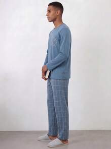 Snug League 男士休闲宽松纯色圆领套头睡衣套装，浅色简约家居服长袖上衣和裤子，情人节和新年礼物，秋冬服装 - 水鴨藍 - 查看 2