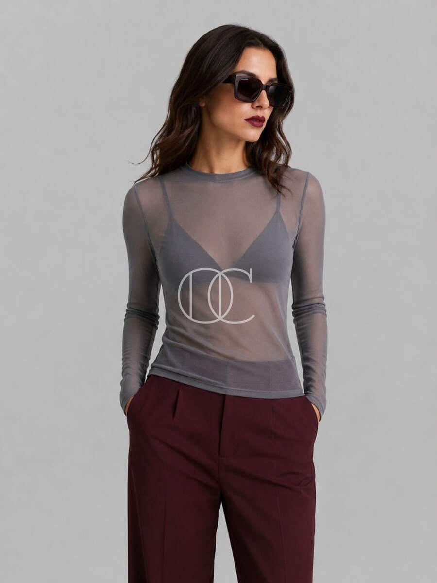 Long-Sleeved Tulle Blouse In Pastel Candy Colors, Spring Color Block. - Grey - View 1