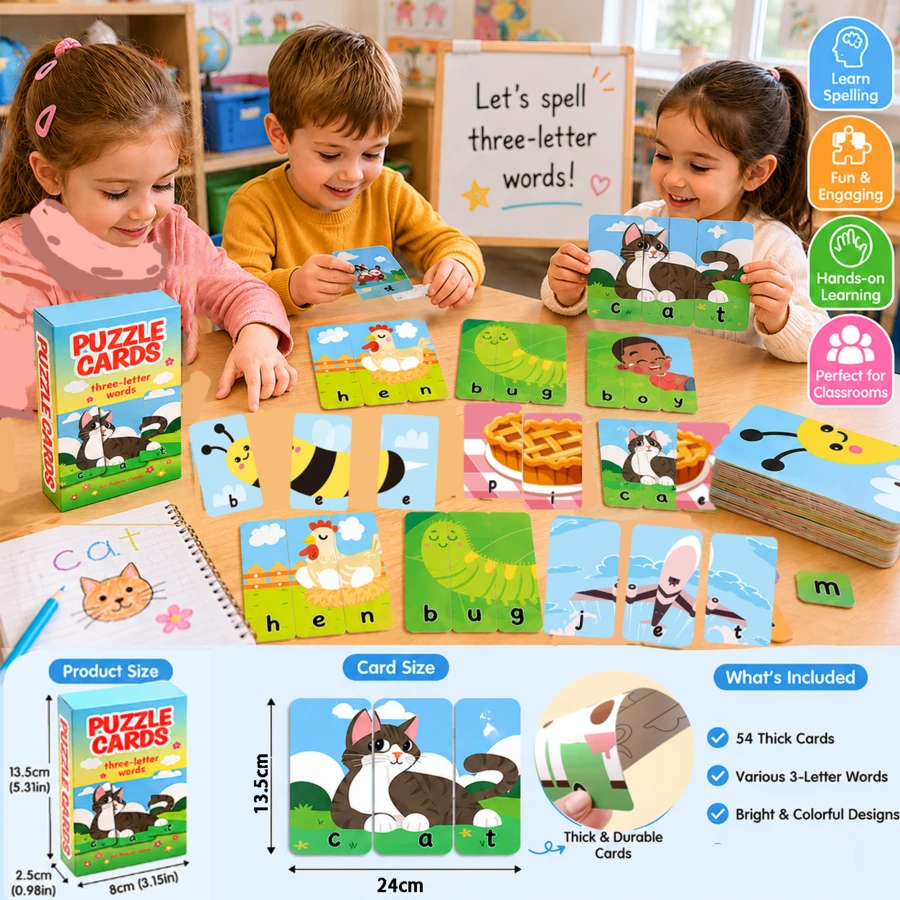 Tarjetas de palabras CVC para niños, tarjetas de rompecabezas de palabras de 3 letras 54 piezas, juegos divertidos de fonética y ortografía, juguetes de aprendizaje de palabras a la vista, actividades de lectura para jardín de infantes, preescolar y niños pequeños, suministros educativos para el aula y la escuela en casa, regalos de vuelta a la escuela para niños y niñas
