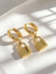 Charm-In 18K Gold Plated Lock Dangle Huggie Earrings, 3D Padlock Charm, Statement Jewelry For Women - Gold - View 1