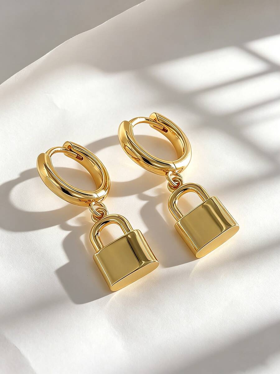Charm-In 18K Gold Plated Lock Dangle Huggie Earrings, 3D Padlock Charm, Statement Jewelry For Women - Gold - View 1