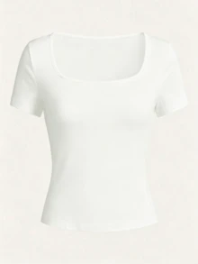 Y2K 千禧辣妹修身短袖 T-shirt 女款領口緊身短版露臍上衣 純色簡約休閒 白色夏季上衣 - 白色 - 查看 4