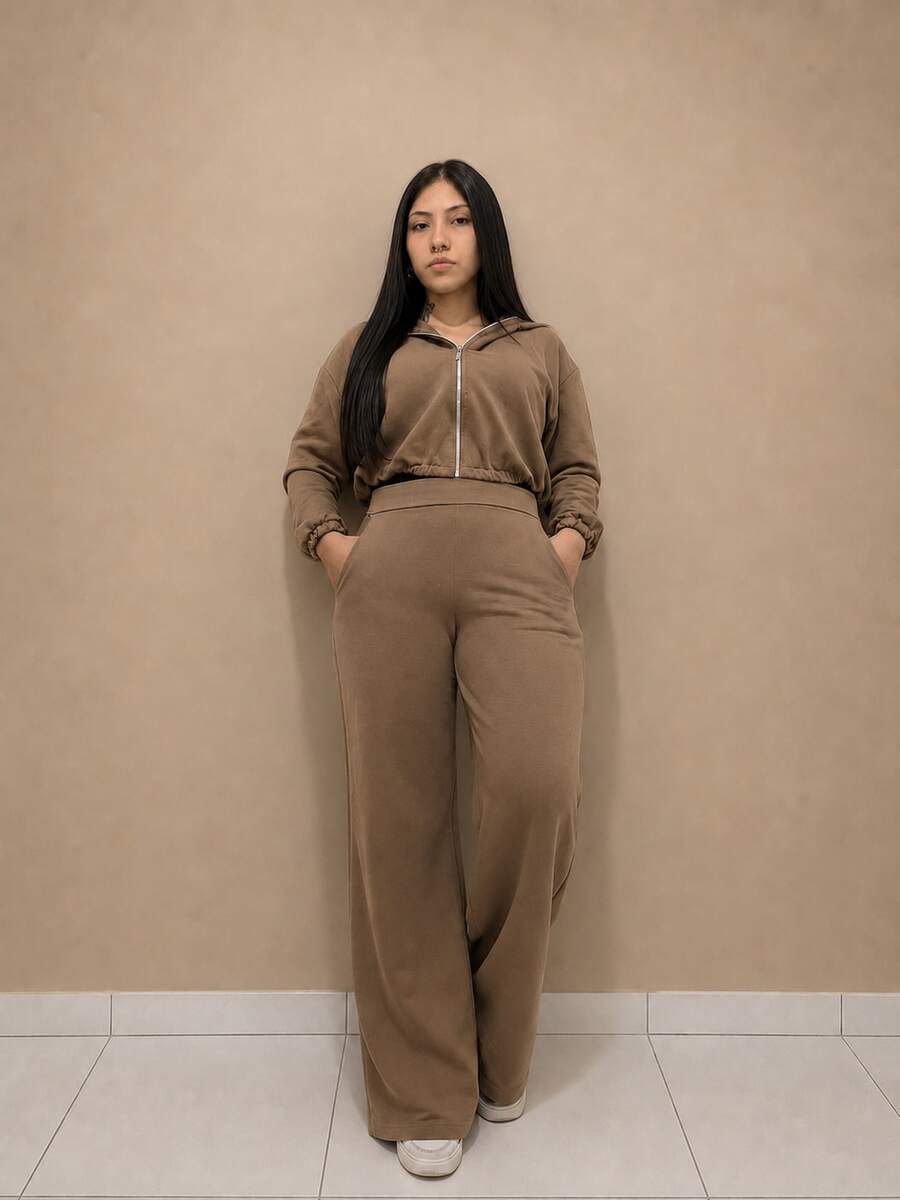 Comfortable Tracksuit Set With Metal Zipper, Long Sleeves And Wide-Leg Pants With Pocket. - Mocha Brown - View 1