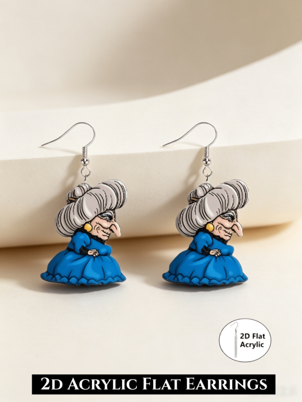 2D Flat Blue Witch Pendant Earrings, Fashionable Cute Jewelry, Flat Acrylic Printed Material, Exquisite Gift For Christmas And Halloween