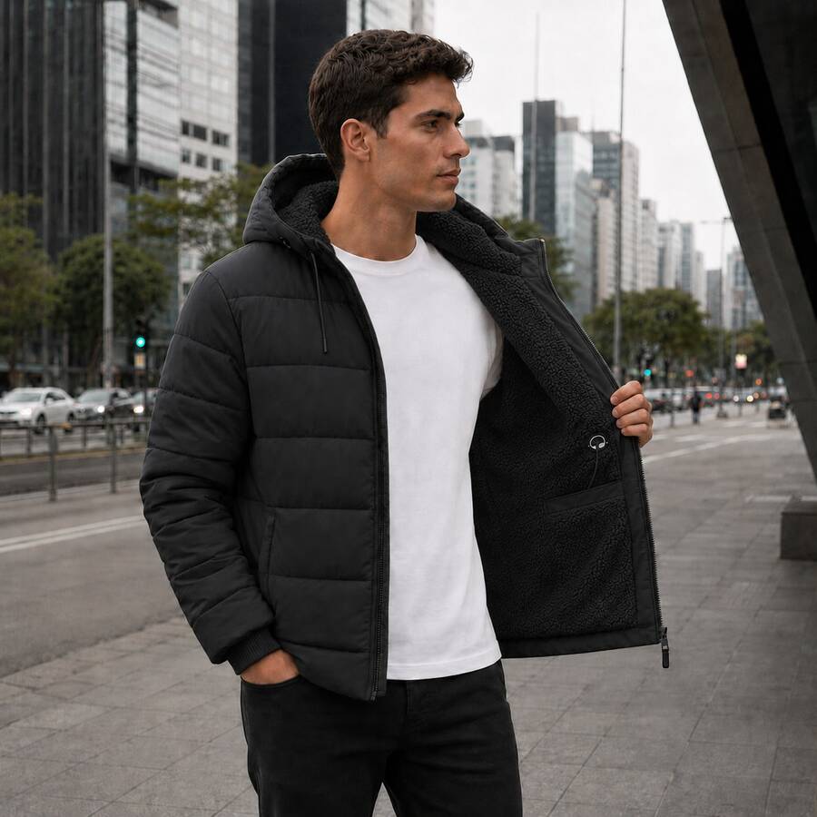 Puffer Jacket With Removable Hood And Fleece Lining - 黑色 - 查看 1