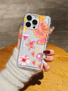 1pc Pink Hibiscus Sea Star Orange Lemon Cocktail Pattern Air Cushion Anti-Slip Soft Phone Case Compatible With IPhone 11/12/13/14/15/16 Pro Max/17 Pro Max/17/17 Plus/17 Pro - Multicolor - View 3