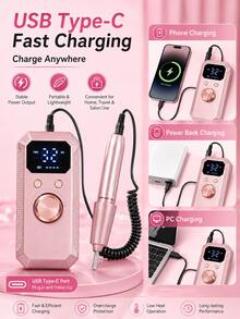 專業無線電動美甲磨甲機，可充電便攜式壓克力凝膠美甲修甲組，附11個磨頭與20個磨砂環，高速無線電動美甲修甲機，適用於凝膠美甲卸除、美甲、足部護理、美甲沙龍與居家DIY禮物，返校、秋季、旅行必備 - 彩色 - 查看 8