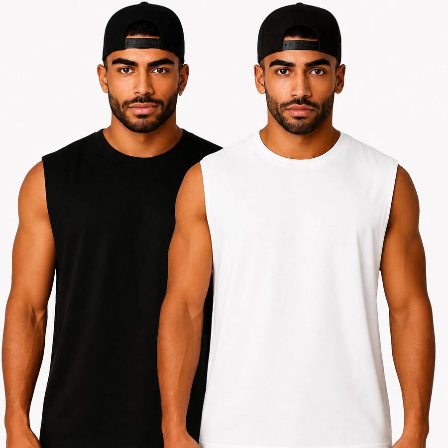 Kit Of 2 Men's Oversized Streetwear Training Tank Tops, 100% Premium Cotton - 白色/黑色 - 查看 1