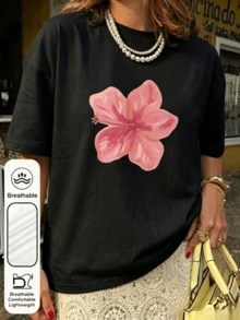 1pc Loose Round Neck T-Shirt With Hibiscus Print In Acid Wash Pink, Suitable For Summer, Beach And Casual Vacation, Y2K Casual Blouses For Women - 黑色 - 查看 1