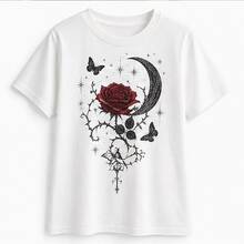 Playera mujer con estampado rosa gótica y luna, camiseta para dama manga corta, blusa casual femenina, top juvenil alternativo, ropa cómoda para mujer, camiseta cuello redondo, playera con diseño floral oscuro, blusa ligera para diario, outfit casual para concierto, paseo, noche, vacaciones y fin de semana, regalo para amiga novia hermana amante del arte romántico oscuro - Blanco - Ver 4