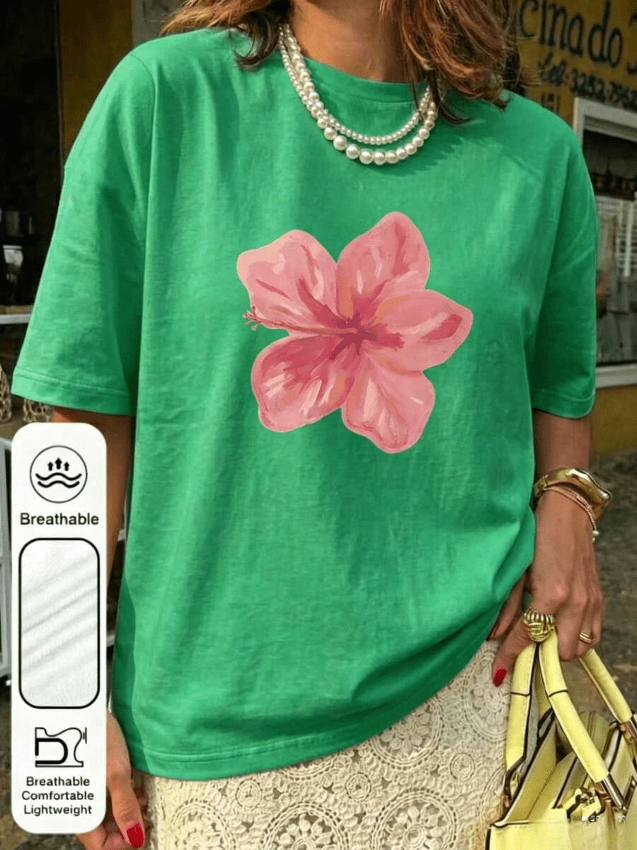 1pc Loose Round Neck T-Shirt With Hibiscus Print In Acid Wash Pink, Suitable For Summer, Beach And Casual Vacation, Y2K Casual Blouses For Women - 綠色 - 查看 1