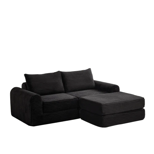 2-In-1 Corduroy Sofa Bed Cord-Zwei-In-Eins, With Two Pillows, Elegant Curved Armrests, Removable Footrest And Modular Arrangement. - 黑色 - 查看 1