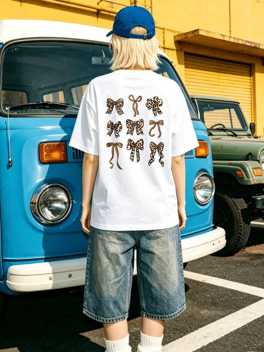 Women's Summer Casual Soft Round Neck Short Sleeve T-Shirt,Leopard Bow Print Graphic For Spring And Summer Wear. - White - View 1