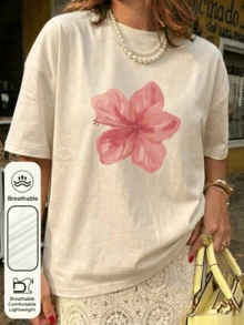 1pc Loose Round Neck T-Shirt With Hibiscus Print In Acid Wash Pink, Suitable For Summer, Beach And Casual Vacation, Y2K Casual Blouses For Women - 杏色 - 查看 1