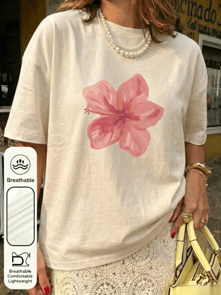 1pc Loose Round Neck T-Shirt With Hibiscus Print In Acid Wash Pink, Suitable For Summer, Beach And Casual Vacation, Y2K Casual Blouses For Women - 杏色 - 查看 1