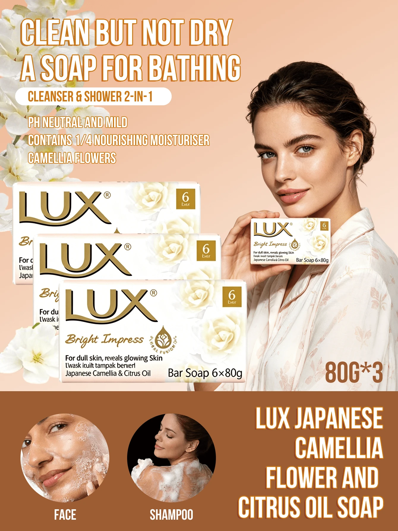 Lux 3入組,每塊80克。奢華茉莉杏仁油皂,富含保濕與抗菌茉莉杏仁精油,優雅清新自然,含1/4滋養乳霜,中性pH值且質地溫和,滋潤肌膚,沐浴與洗臉皂,含1/4滋養乳霜,中性pH值且質地溫和,滋潤肌膚,去除污垢與油脂,去除雜質,不緊繃,適合約會準備、節日禮物、全身沐浴。 - Camellia flowers - 查看 1